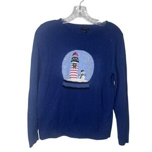 Talbots Petites Navy Blue Lambswool Blend‎ Snow Globe Lighthouse Sweater MP